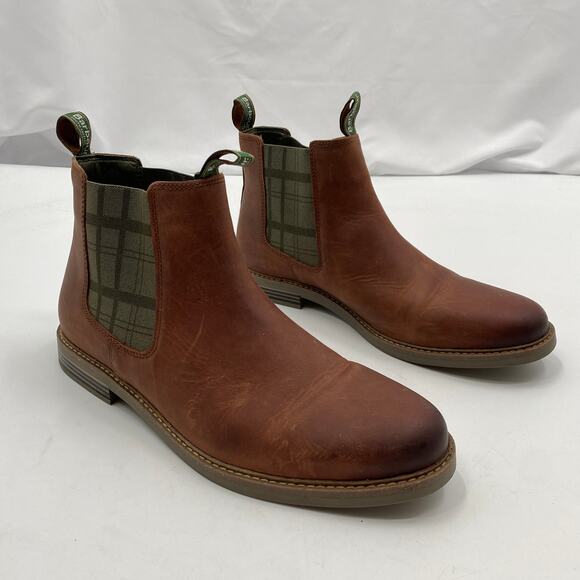 Barbour 12 brown leather green plaid chelsea boots